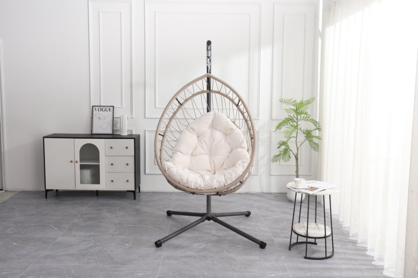GOWE Outdoor Egg-Shaped Hanging Chair with Stand, Patio Egg-Shaped Swing Chair, Indoor Rocking Chair, Outdoor Hammock Egg-Shaped Chair, Beige