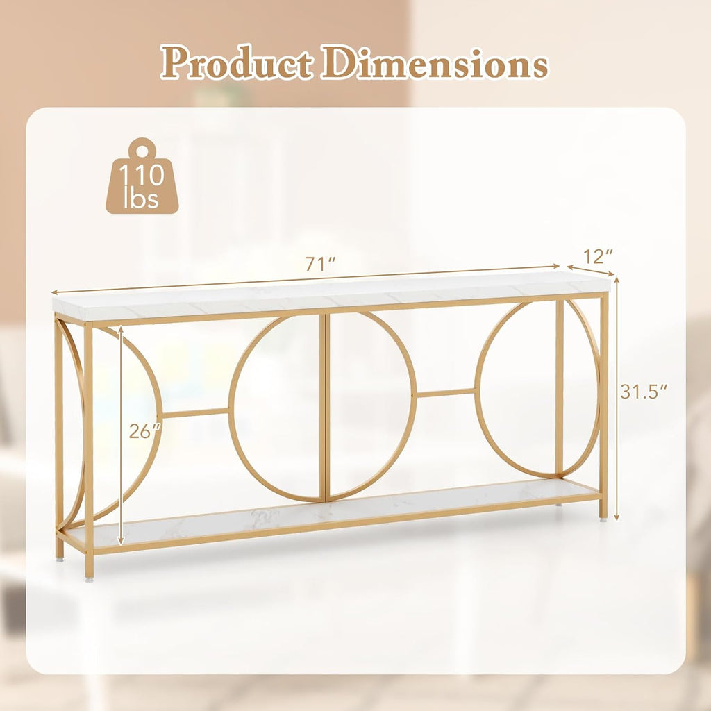 Giantex 71' Console Table, 2-Tier Extra-Long Gold Entryway Table w/Storage Shelf, Faux Marble Top, Narrow Sofa Table with Geometric Frame, Behind Couch Entry Table for Living Room, Hallway, Foyer