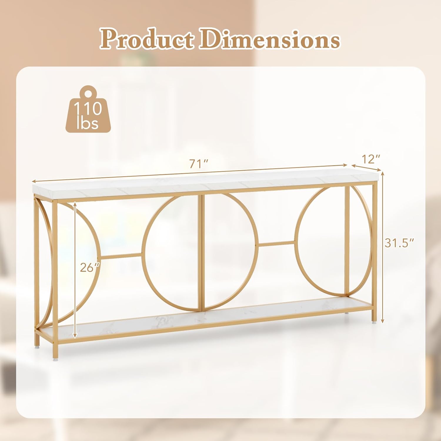 Giantex 71' Console Table, 2-Tier Extra-Long Gold Entryway Table w/Storage Shelf, Faux Marble Top, Narrow Sofa Table with Geometric Frame, Behind Couch Entry Table for Living Room, Hallway, Foyer