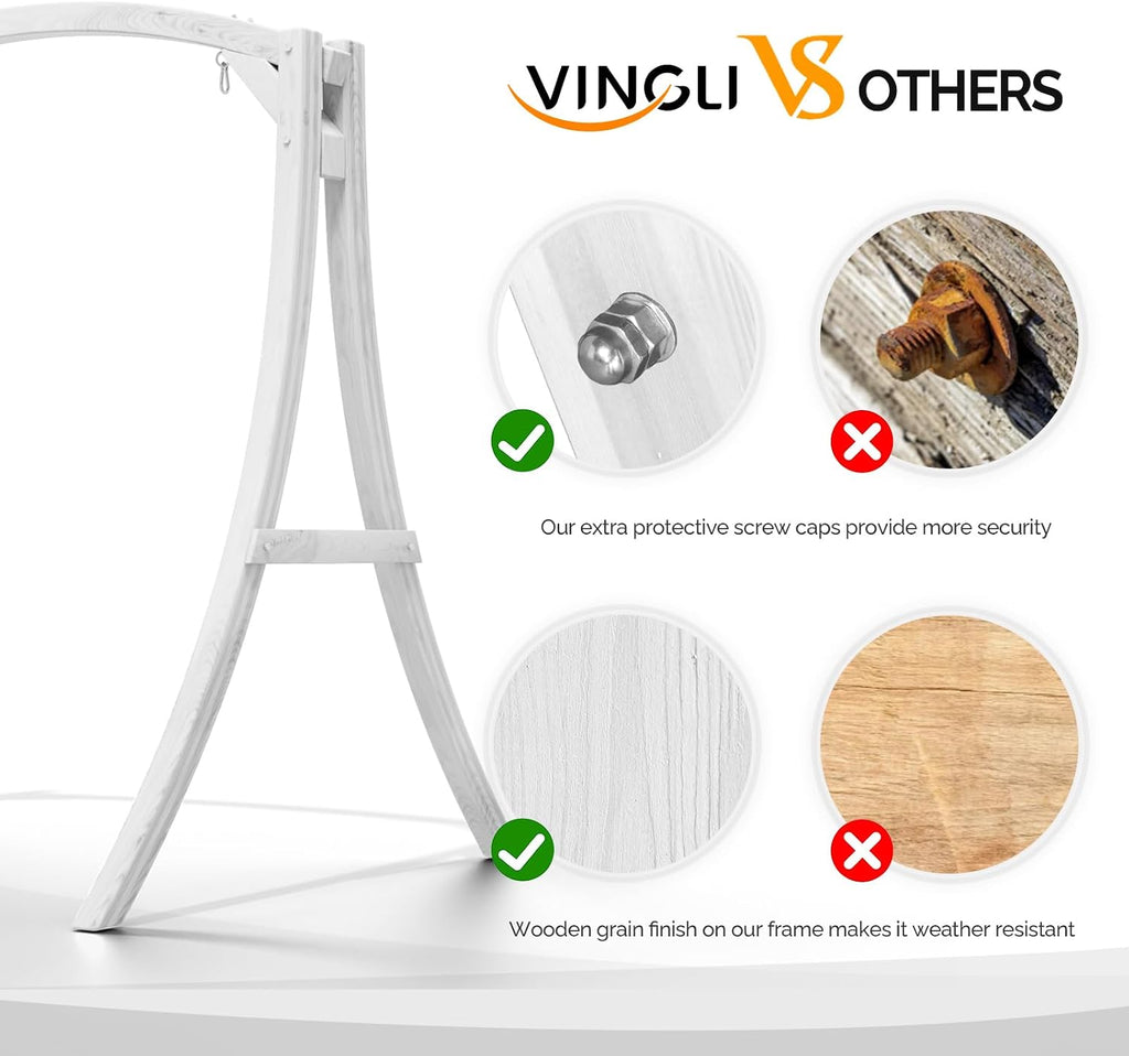 VINGLI 6.7FT Porch Swing Frame, 1000LBS Heavy Duty A-Frame Wooden Porch Swing Stand with Curved Arc Top for 5FT Porch Swing, Large Swing Hanger for Garden, Patio, Backyard & Indoor, White