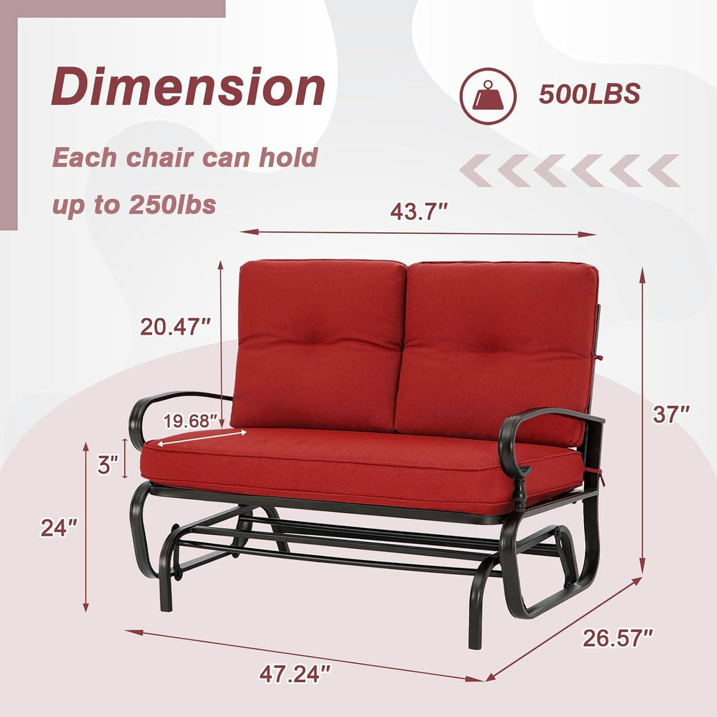 Outdoor Glider Rocking Bench 2 Person Patio Loveseat Steel Frame Furniture Set with Removable Cushion for Patio, Garden, Yard, Porch (Red)
