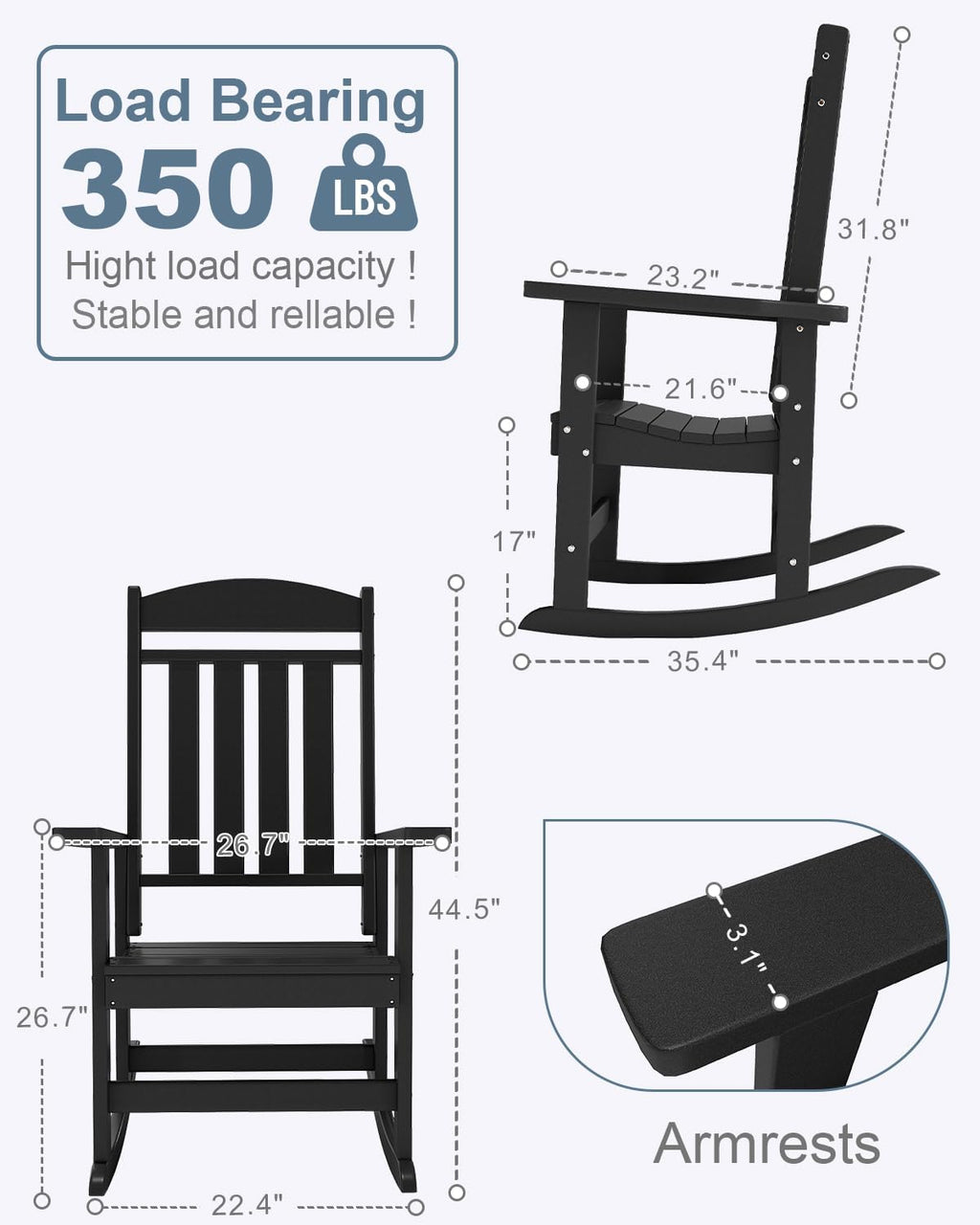 NAVINE Outdoor Rocking Chairs Set of 4, Oversized High Back Patio Rocking Chairs, All Weather Porch Rocking Chairs for Outside. Black