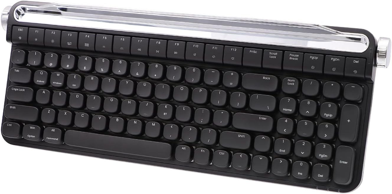 Retro Typewriter Mechanical Keyboard with Tablet Stand, 100 Keys LED Backlit, ABS+PBT Keycaps, Wired/Bluetooth, Blue Switch, Compatible with Windows/Mac/iOS/Android (Black)
