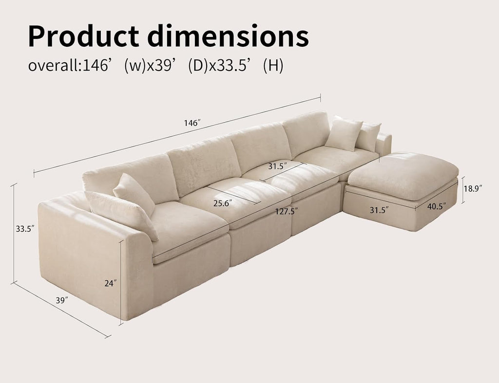 Large Modular Sectional Sofa, Modern Cloud Sectional Couch with Deep Seat, L-Shape Boneless Couch for Living Room, No Assembly Required, Warm White(4 Seater + 1 Ottoman)