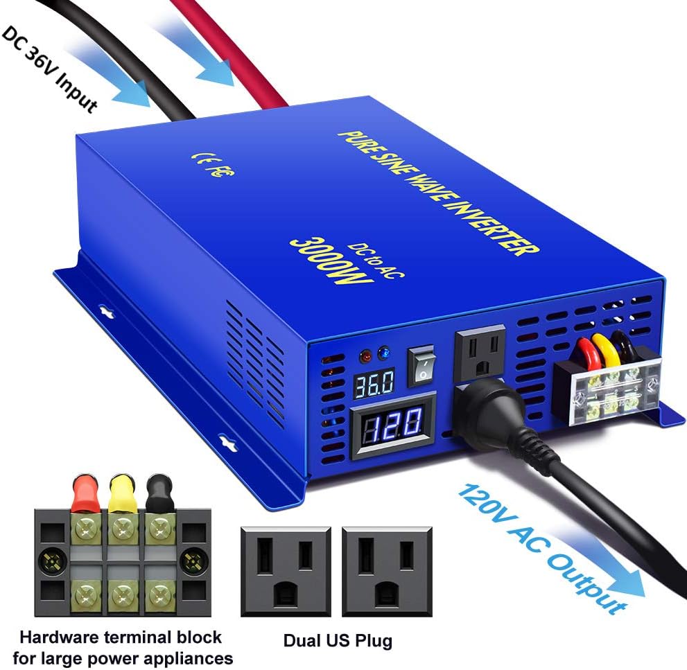 3000W Pure Sine Wave Inverter - 36V DC to AC 120V 110V Power Inverter Surge 6000w, Power Converter for Car Solar System, Off Grid Power System. (3000W36V)