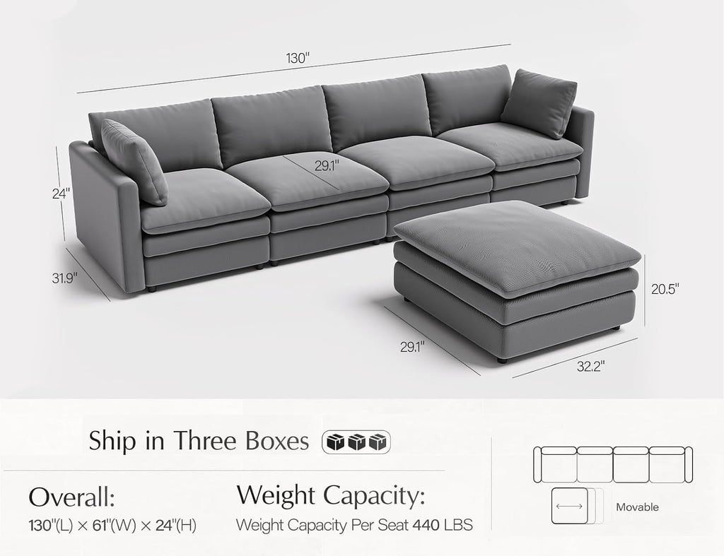Sectional Couches for Living Room L Shaped Cloud Couch with Ottoman Deep Plush 5 Seats Sofa Modern Sofa for Apartment
