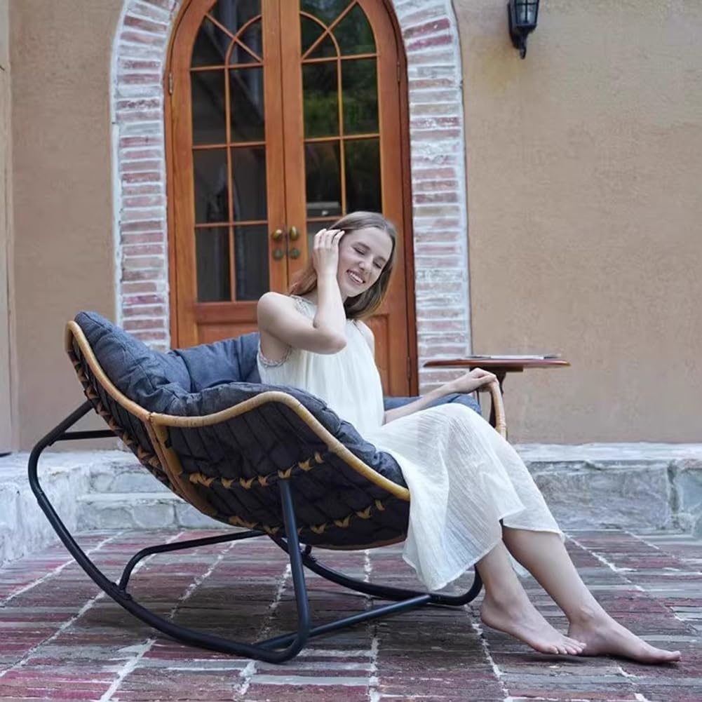 Etlegor Outdoor Patio Rocking Chair, Indoor Reading Chair with Cushion Rattan Wicker Lounge Chair for Living Room Front Porch Garden Balcony Lawn(Dark Grey)