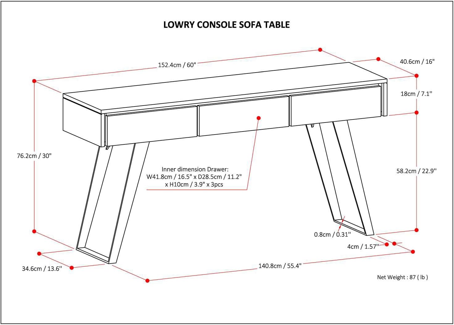 SIMPLIHOME Lowry Console Table - 60 Inch Wide Solid Mango Wood and Metal Sofa Table in Natural, Modern Industrial Storage Table for Entryway or Living Room with 3 Drawers and Angled Metal Legs