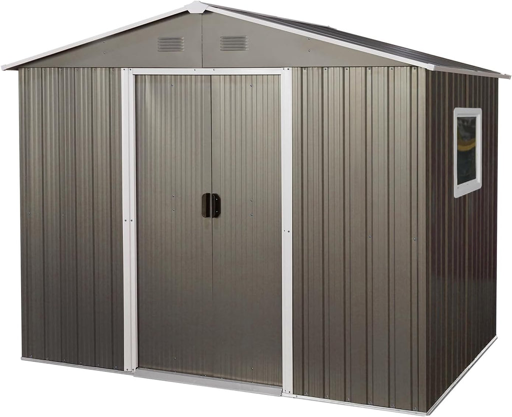 8x6 ft Outdoor Metal Storage Shed with Floor Foundation and Window, Lockable Galvanized Steel Tool Shed with Sliding Door and Air Vent, Waterproof Garden Storage House for Backyard, Patio