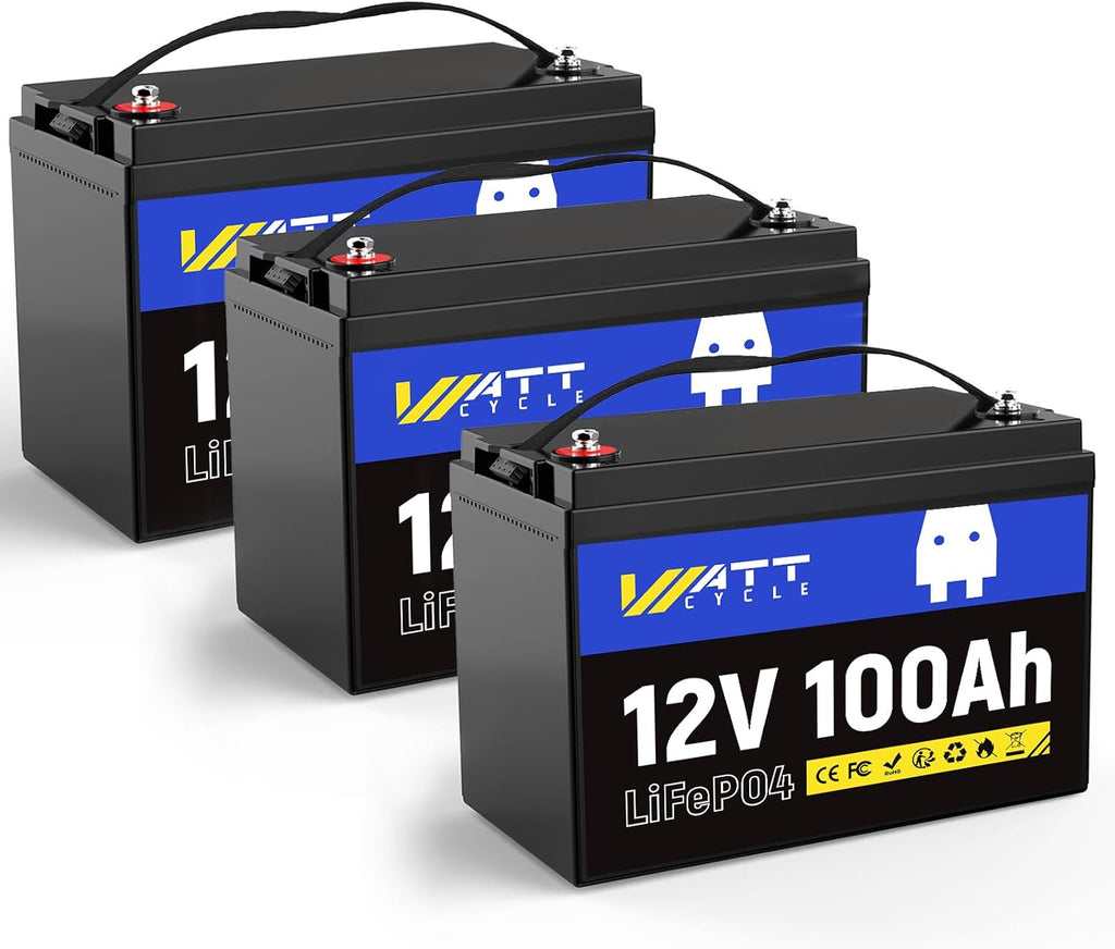WattCycle 3-Pack 12V 100Ah LiFePO4 Battery, Group 24, 15000 Cycles, Built-in 100A BMS, Low-Temp Protection - 1280Wh - Perfect for RVs, Golf Cart, Marine, Home Energy, Solar Off-Grid Systems