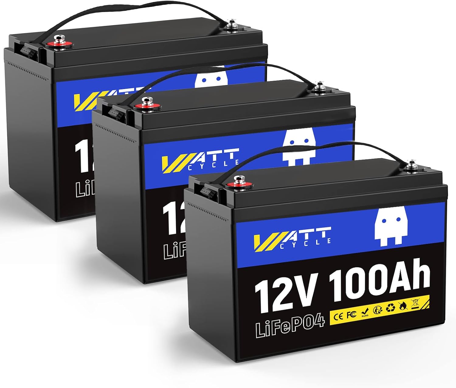 WattCycle 3-Pack 12V 100Ah LiFePO4 Battery, Group 24, 15000 Cycles, Built-in 100A BMS, Low-Temp Protection - 1280Wh - Perfect for RVs, Golf Cart, Marine, Home Energy, Solar Off-Grid Systems