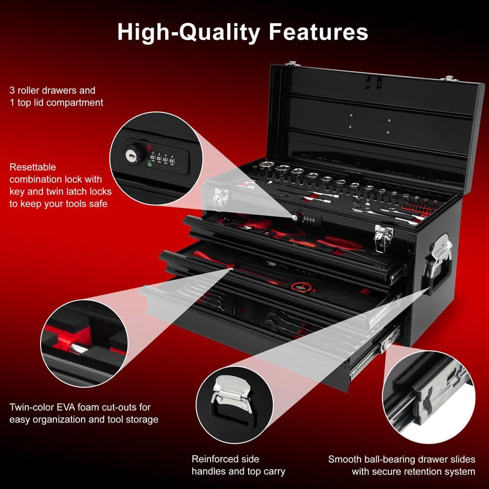 TUSK Tool Box with Tools EVA Foam Cut Outs and 129-Piece Tool Set 3-Drawer Portable Moto Box