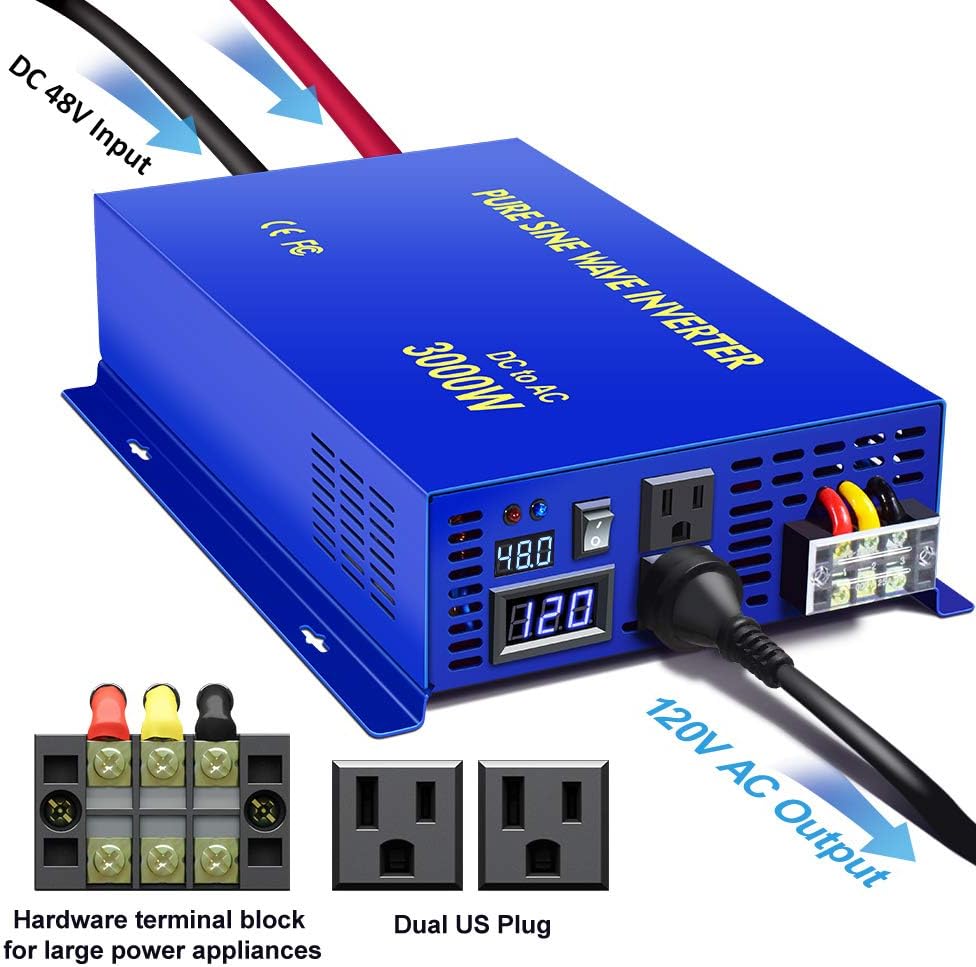 3000 watt Inverter 48 Volt Pure Sine Wave Inverter 48V DC to AC 120V 110V Surge 6000W, Power Inverter for Truck car RV Home Solar. (3000W 48V)