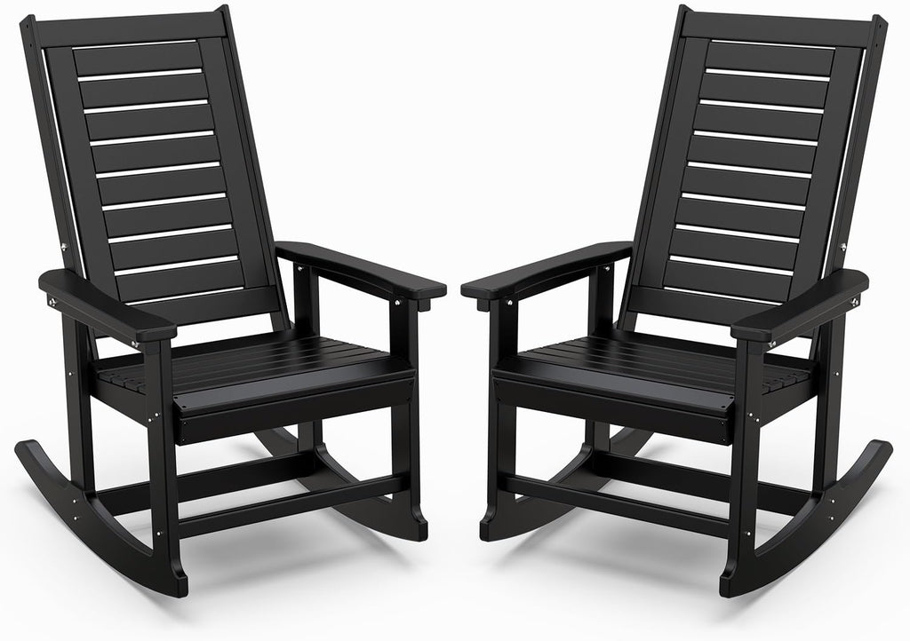 IVY&LANE Outdoor Rocking Chairs Set of 2 | HDPE Plastic | Porch-Rockers | All-Weather | Black | High Back | Wide Seat | Oversized Patio Rocker for Adult | for Outside Deck Balcony Garden