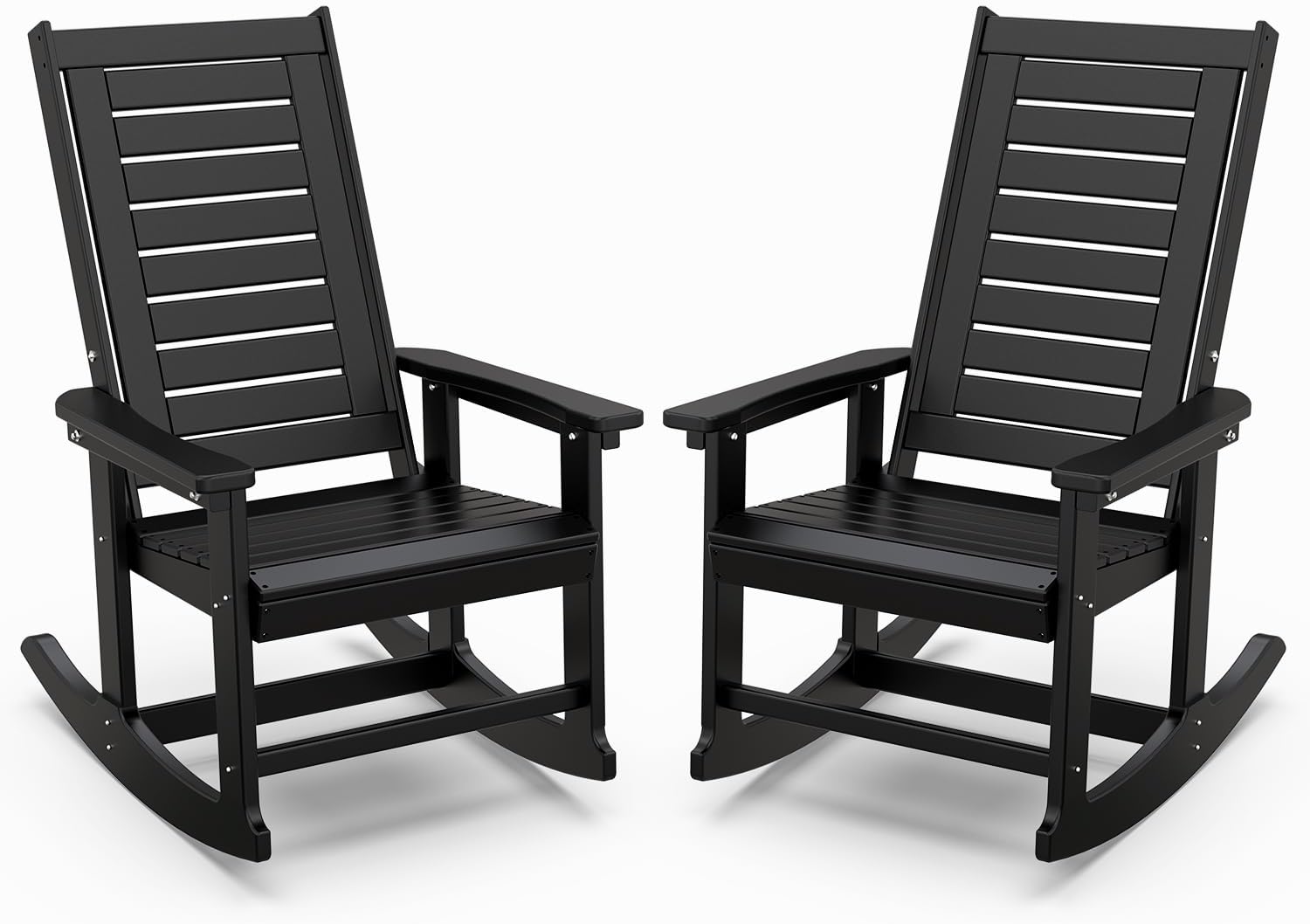 IVY&LANE Outdoor Rocking Chairs Set of 2 | HDPE Plastic | Porch-Rockers | All-Weather | Black | High Back | Wide Seat | Oversized Patio Rocker for Adult | for Outside Deck Balcony Garden