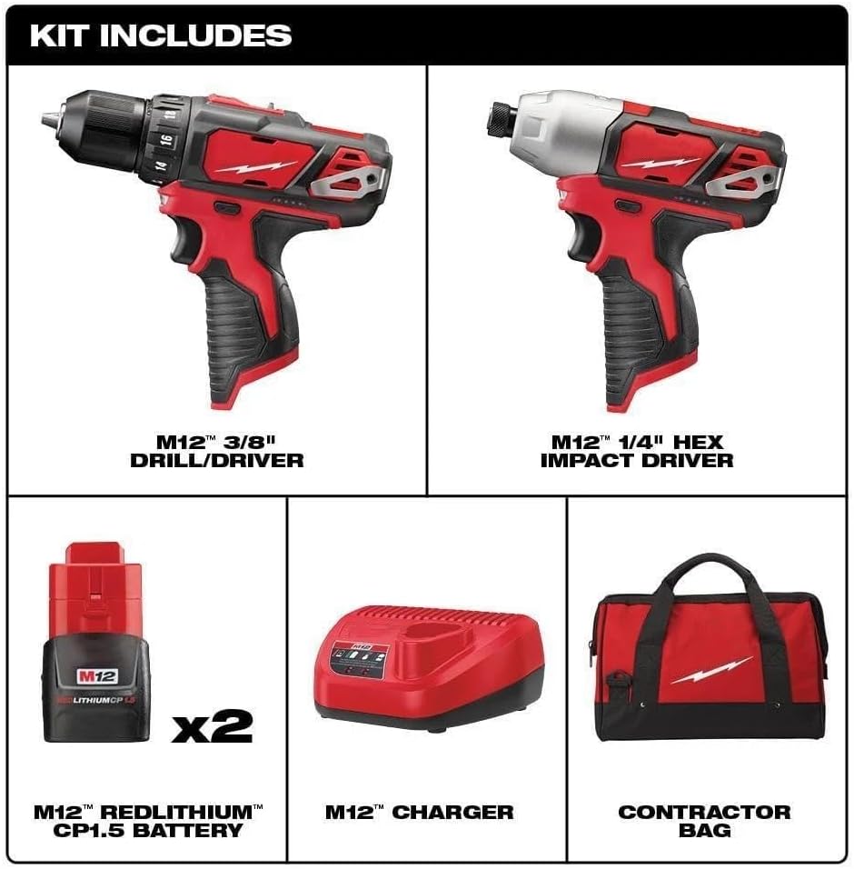 2494-22 for Milwaukee M12 12V Cordless 2-Tool Combo Kit 2407-20 Drill/Driver 2462-20 Hex Impact Driver - NEW