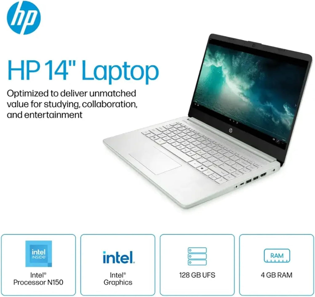 HP 14' Student Business Laptop - Win 11 Pro & 1-Year Office 365 • Intel Quad-Core N150(beats N4120) • HD Anti-glare Display • Wi-Fi 6 • Copilot+ PC • 16G RAM • 128G UFS + 256GB SD Card • w/Accessories