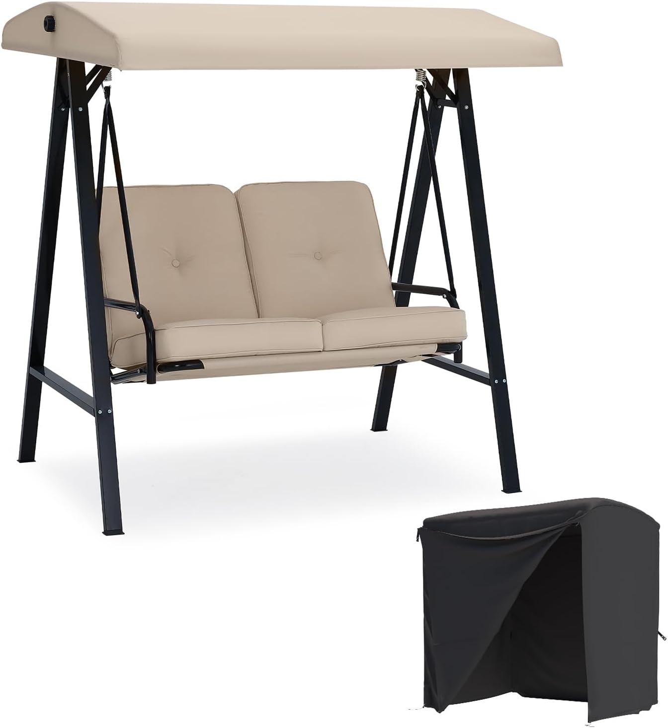 AECOJOY 2-Seat Outdoor Patio Swing Chair with Cover, Porch Swings Chairs for Adult, Outside Swing Bench with Adjustable Canopy&Removable Cushion, Beige