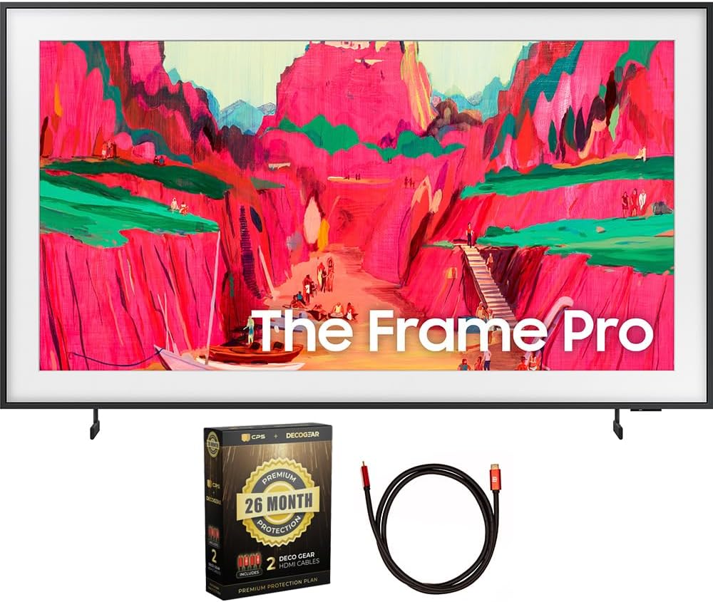 Samsung 65 inch The Frame Pro LS03FW 4K Neo QLED Mini LED Smart TV (2025) (Renewed) Bundle with Deco Gear 6FT HDMI 2.0 Cable and CPS Exclusive 26 Month Protection Pack (BEACH-CPS-26M3500)