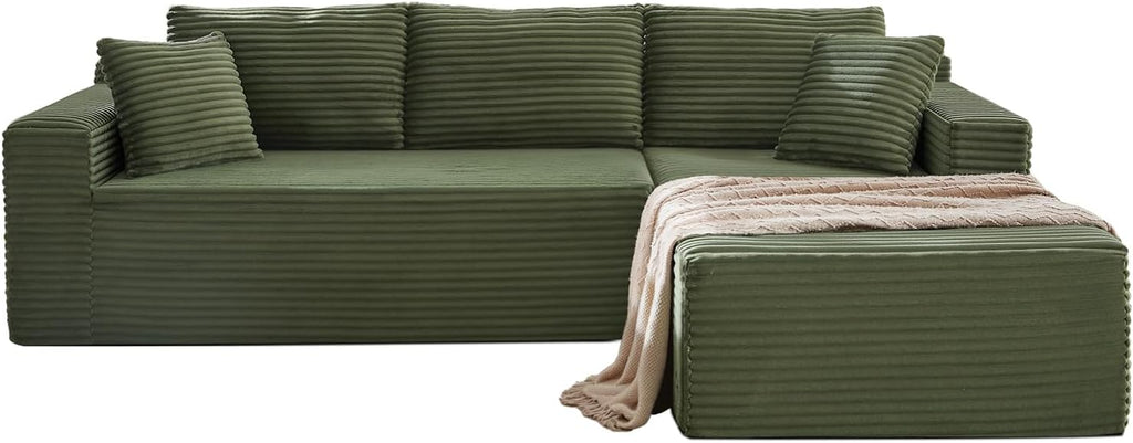 105 Inch Cloud Sectional Couch,Modern Modular Sectional Sofa with Deep Seat,Corduroy Boneless Couches with L-Shape Chaise for Living Room Bedroom,No Assembly Required (Green, Right Facing Chaise)