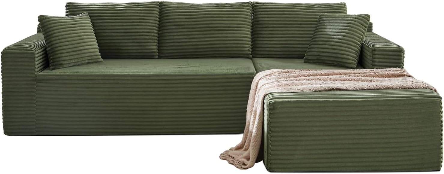 105 Inch Cloud Sectional Couch,Modern Modular Sectional Sofa with Deep Seat,Corduroy Boneless Couches with L-Shape Chaise for Living Room Bedroom,No Assembly Required (Green, Right Facing Chaise)