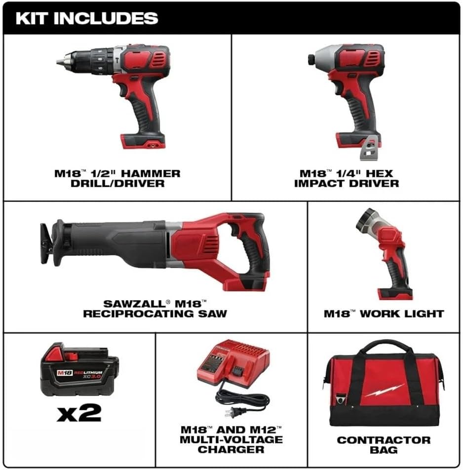 4-Tool Combo Kit 2696-24 for Milwaukee M18 Cordless Compact 2602-20 Hammer Drill Driver 2620-20 Recip Saw 1/4 Hex Impact Driver 49-24-0171 Work Light