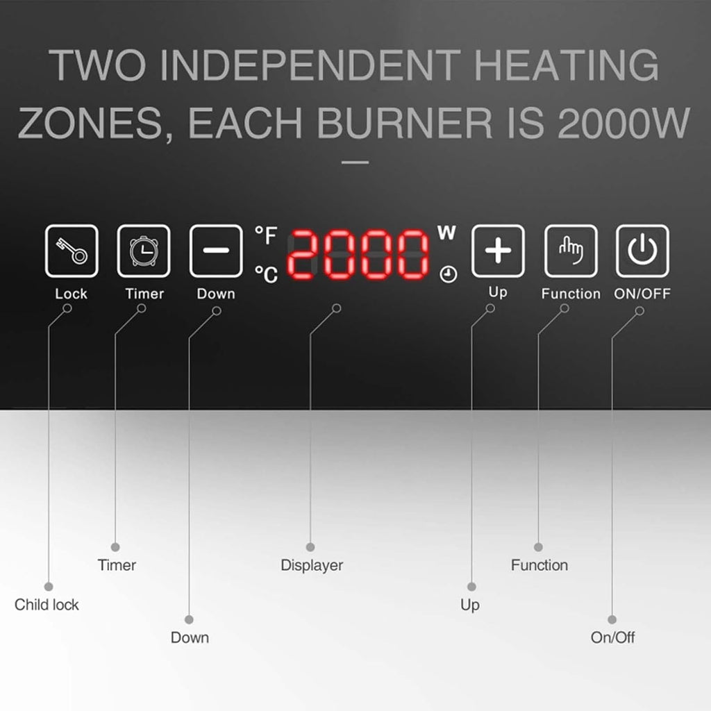 Portable Induction Cooktop with 2 Burners, 400W-2000W Power Settings, Touch Controls, Child Safety Lock and Timer, for Kitchen/Dining