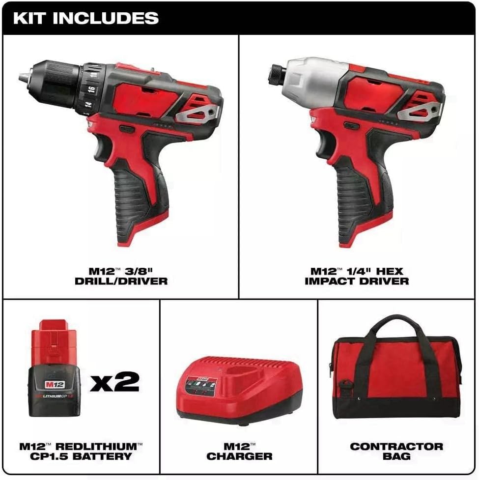 2494-22 for Milwaukee M12 12V Cordless Power Lithium-Ion 2-Tool Combo Kit 3/8' Drill/Driver ¼' Hex Impact Driver