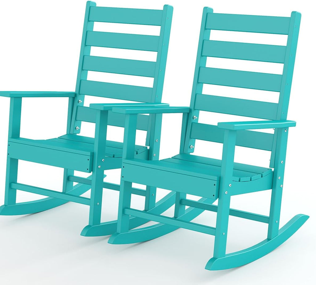 GREENVINES Outdoor Rocking Chairs Set of 2 | HDPE Plastic | Patio-Rocker-Chair | Porch Rocker | Shaker | Oversized | High Ladder Back | Big and Tall | PentaLuxe | Aqua