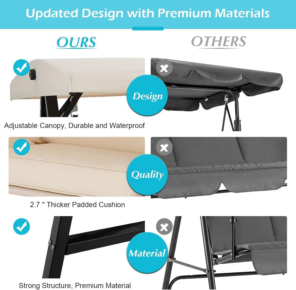 AECOJOY 2-Seat Outdoor Patio Swing Chair with Adjustable Canopy, Porch Swings Chairs for Adult, Outside Swing Bench with Removable Cushion, Suitable for Backyard, Garden, Yard, Poolside, Balcon,Beige