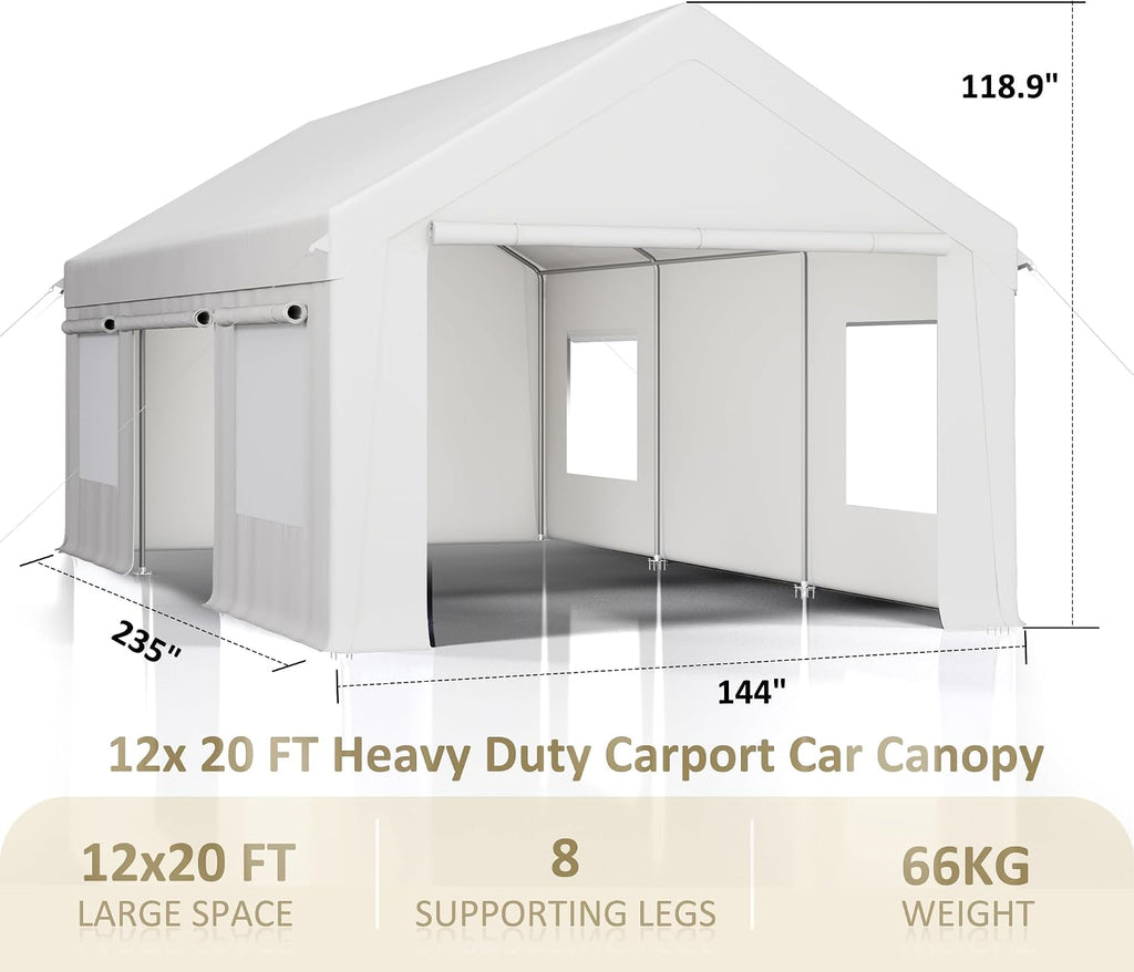 AirWire 12'x20' Heavy Duty Carport with All-Season Tarp, Portable Car Tent Garage with Roll-Up Windows & Side-Opening Door, Enclosed Car Port Canopy with Reinforced Base for Truck, Boat, White