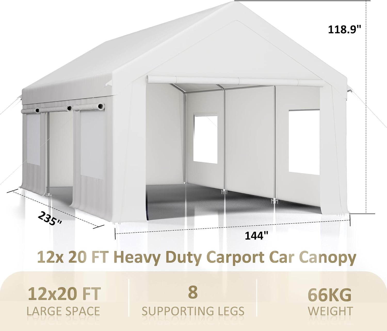 AirWire 12'x20' Heavy Duty Carport with All-Season Tarp, Portable Car Tent Garage with Roll-Up Windows & Side-Opening Door, Enclosed Car Port Canopy with Reinforced Base for Truck, Boat, White