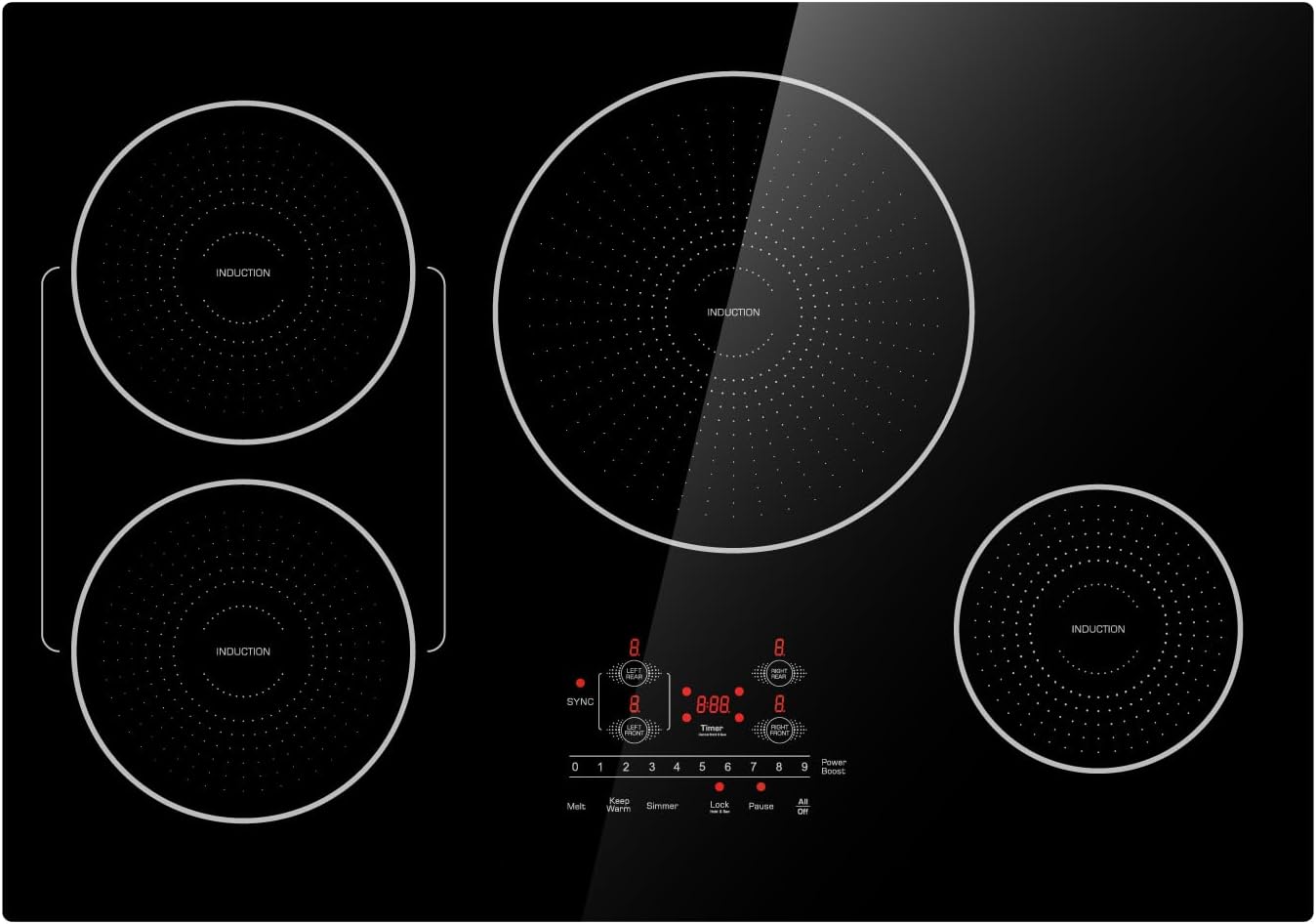 30 Inch Induction Cooktop 4 Burners, Flat Glass Top Electric Stove with Bridge-SYNC, 3 Preset Modes Booster, Timer, Pause, Child Lock, Drop in, 208~240V/40A, Black