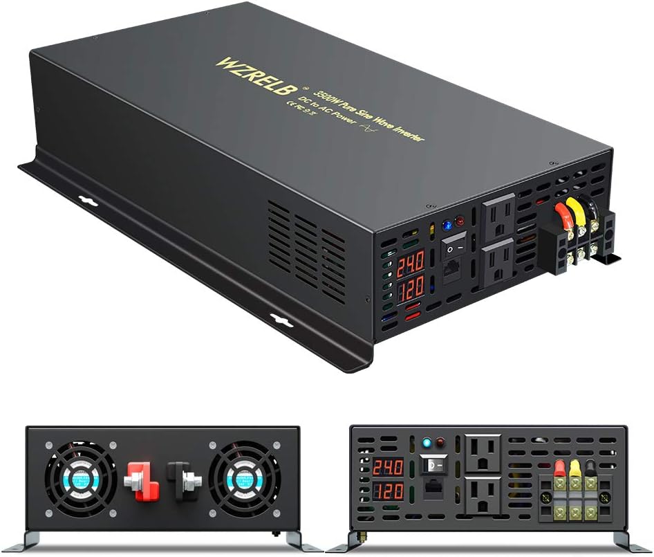 WZRELB 3500W 24VDC 120VAC Pure Sine Wave Power Inverter, 2 AC Outlets, Wired Remote Control, RV (RBP-350024WR)