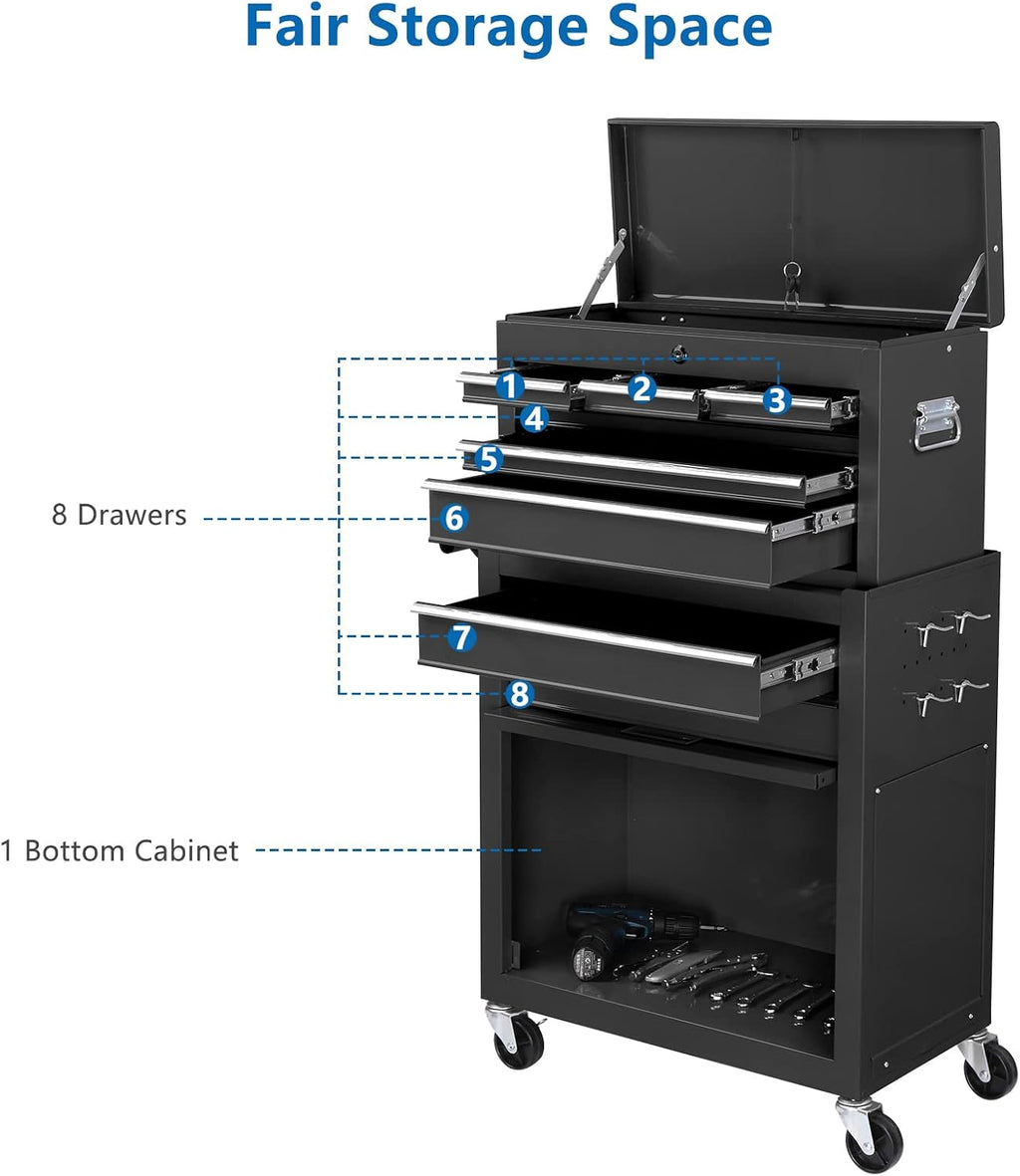 TUFFIOM 8-Drawer Rolling Tool Chest, Tool Storage Cabinet w/Lockable Wheels, Detachable Top, Drawers & Side Hooks, Mechanic Tool Organizer Box for Garage Warehouse Repair Shop