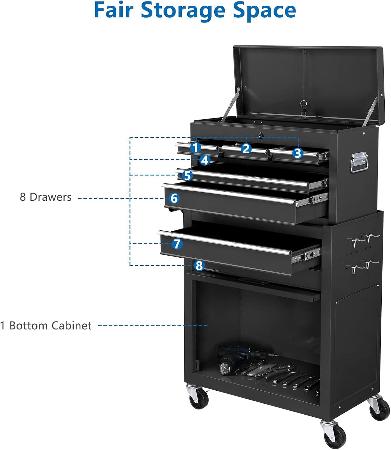 TUFFIOM 8-Drawer Rolling Tool Chest, Tool Storage Cabinet w/Lockable Wheels, Detachable Top, Drawers & Side Hooks, Mechanic Tool Organizer Box for Garage Warehouse Repair Shop