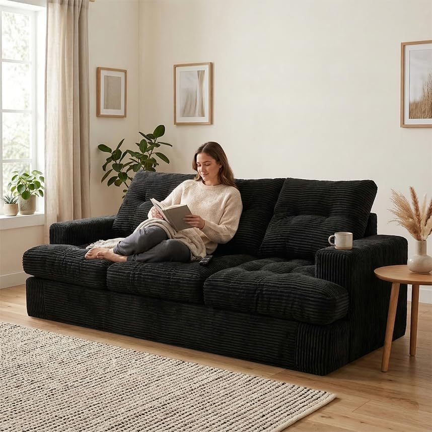 85' Corduroy 3 Seater Sofa in a Box, High-Density Foam Couch, No Assembly Compressed Deep Seat Sofa for Living Room, Bedroom, Apartment, Black | No Assembly Required, Soft Corduroy, HD Foam Comfort, Deep Seat Comfort, Sofa in a Box Setup