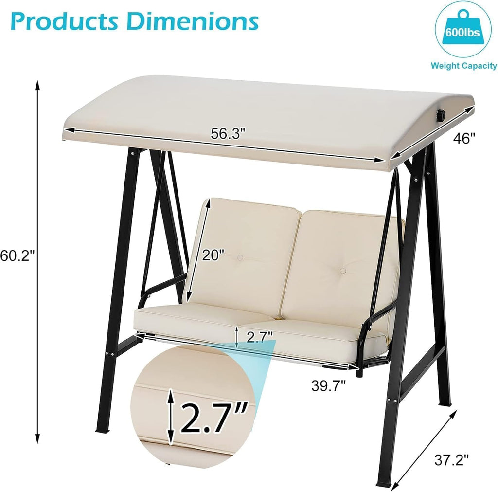 AECOJOY 2-Seat Outdoor Patio Swing Chair with Cover, Porch Swings Chairs for Adult, Outside Swing Bench with Adjustable Canopy&Removable Cushion, Beige