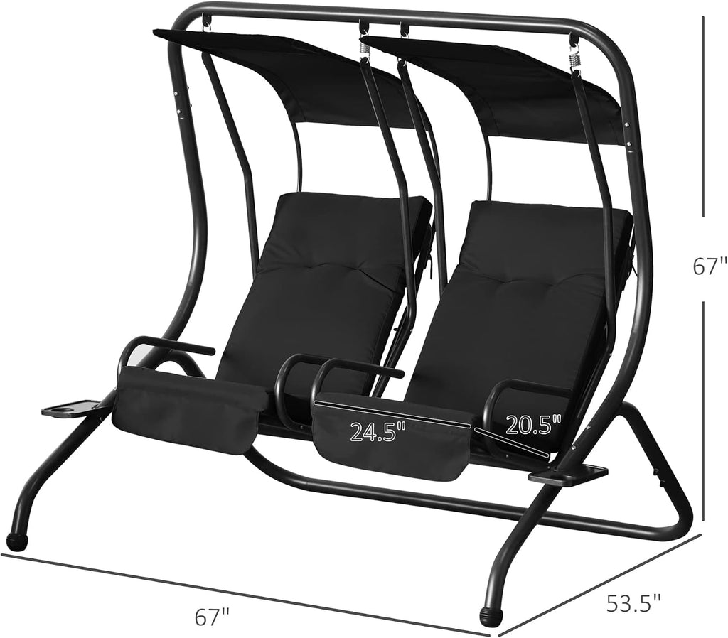 Outsunny Patio Swing Chair with 2 Separate Seats, Outdoor Swing Glider with Removable Canopy and Cup Holders, for Porch, Garden, Poolside, Backyard, Black