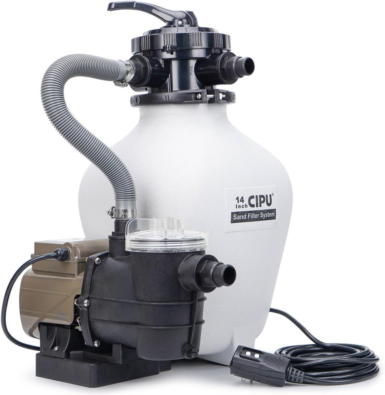 CIPU 14 inch Sand Filter Pump System Handy 6-Way Valve for Above Ground Pools with 0.5HP Prefilter Pool Pump with Timer 115V 25FT Inline GFCI Power Cord for Easy Installation