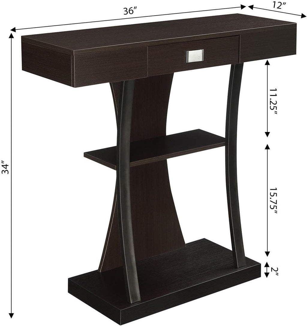 Convenience Concepts Newport Harri Console Table 36' - Modern Sofa Table with Storage Shelves, One Drawer Narrow Entryway Hall Table for Living Room, Espresso