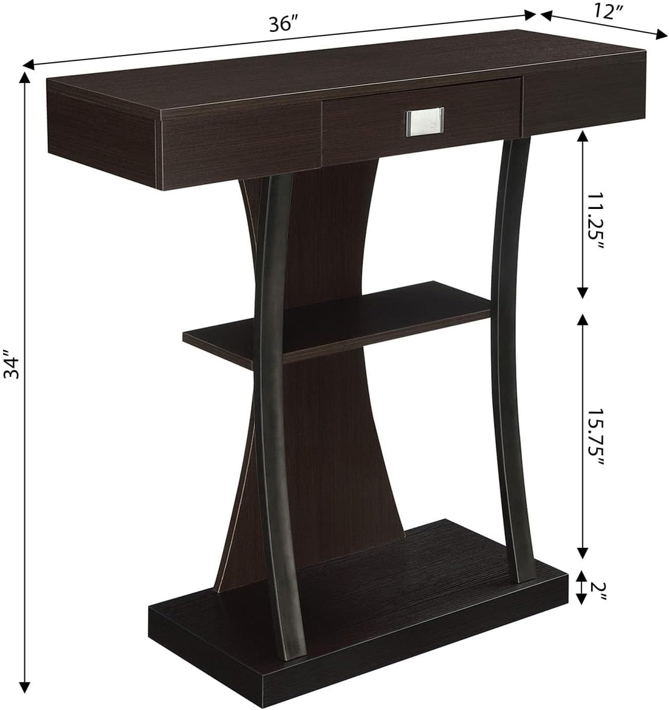 Convenience Concepts Newport Harri Console Table 36' - Modern Sofa Table with Storage Shelves, One Drawer Narrow Entryway Hall Table for Living Room, Espresso