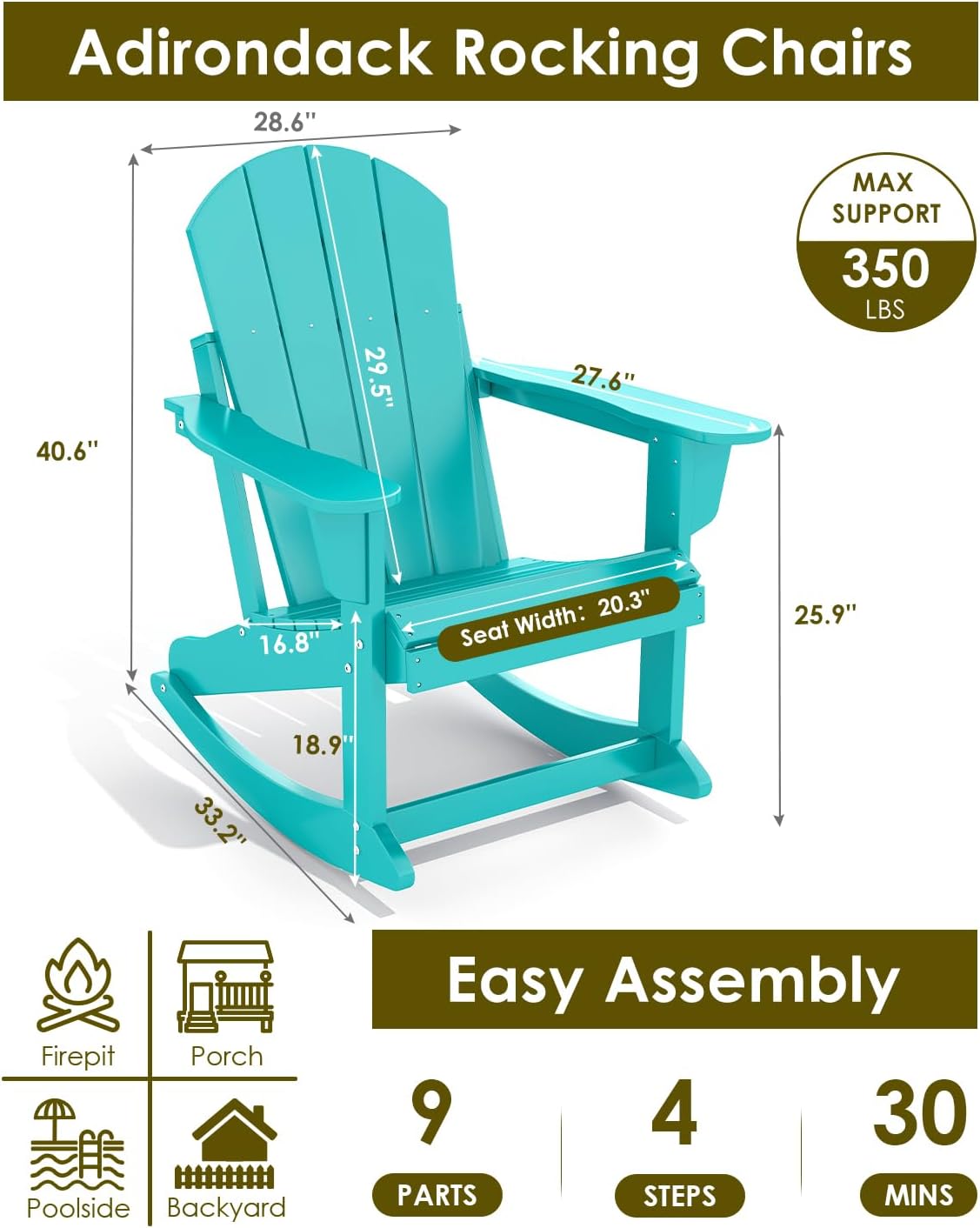 GREENVINES Adirondack Rocking Chair | HDPE Plastic | Porch Rocker | Chair for Outdoor Patio Deck | All Weather | Aqua