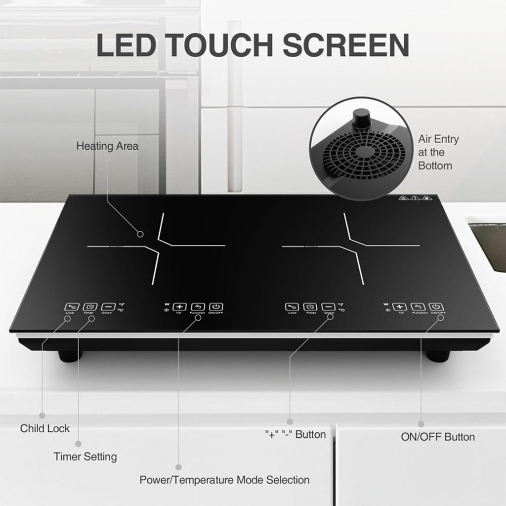Dual Induction Cooktop, LED Sensor Touch Energy Saving Portable Induction Cooktop with Child Safety Lock and Timer 2 Burner Induction Cooktop