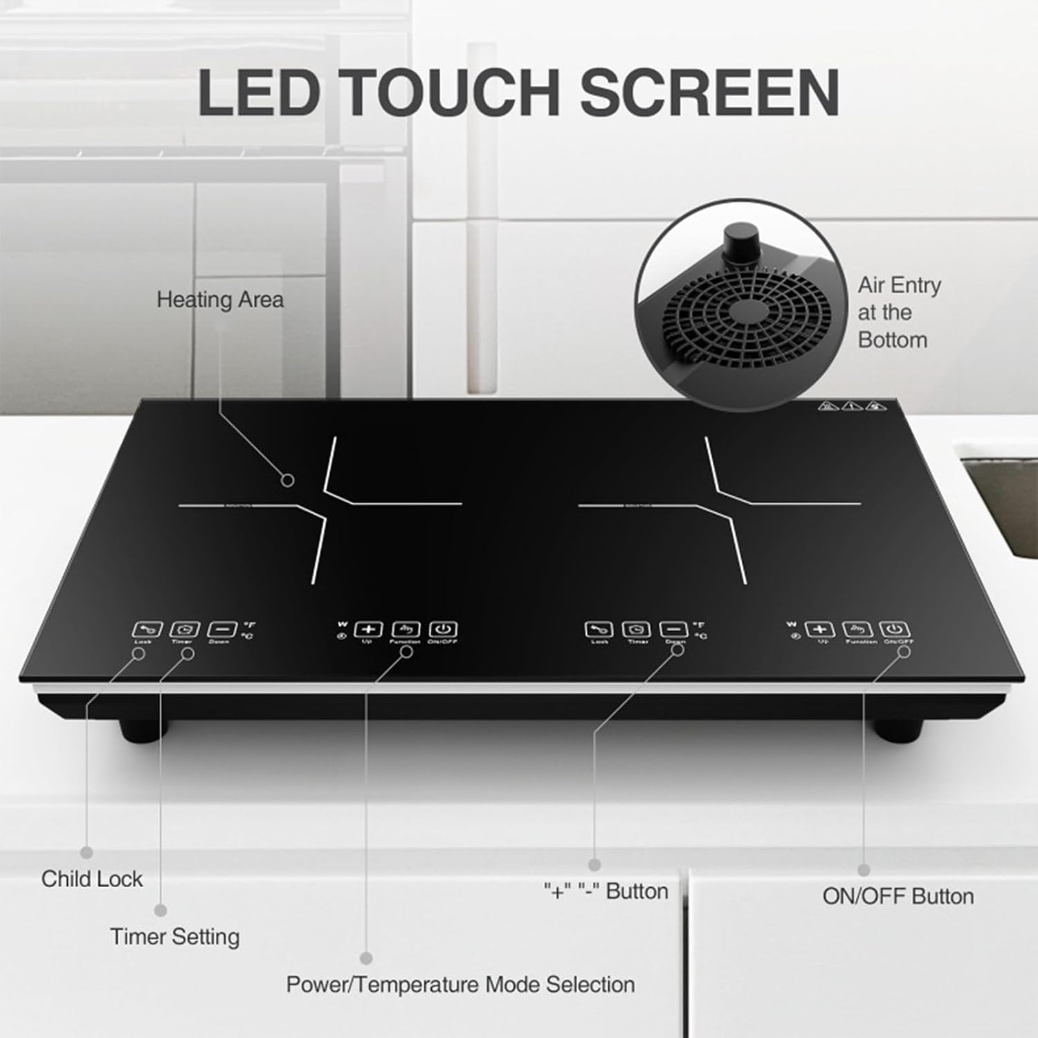 Dual Induction Cooktop, LED Sensor Touch Energy Saving Portable Induction Cooktop with Child Safety Lock and Timer 2 Burner Induction Cooktop