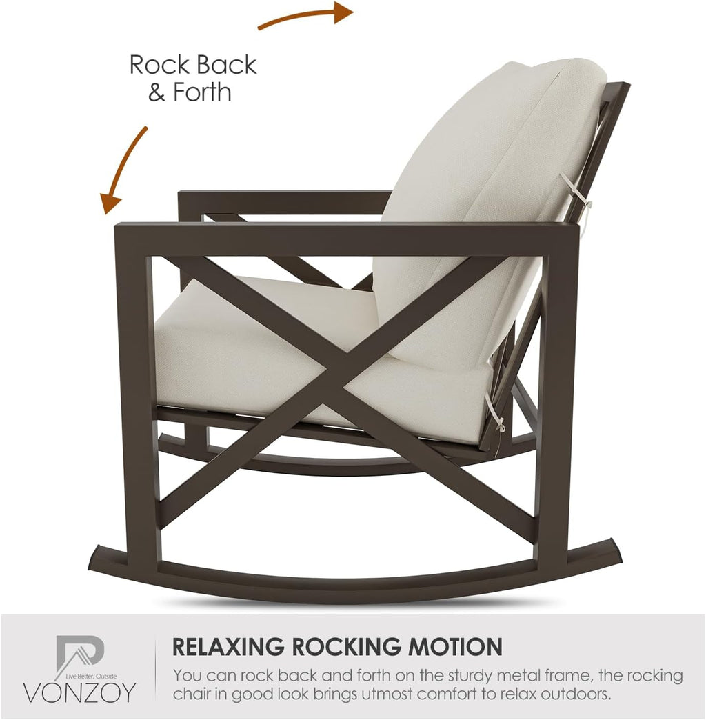 Outdoor Rocking Bistro Set, Patio Rocking Chairs Set of 2 with Coffee Table, 3 Pieces Metal Conversation Sets with 6.5' Thick Cushions for Backyard, Porch, Poolside, Oversized (Beige)