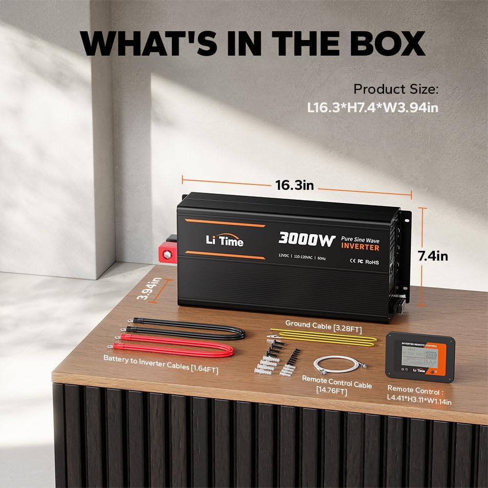 LiTime 3000W Pure Sine Wave Inverter 12V DC to 120V AC Converter with Remote Control, Surge 6000W, Built-in 4 AC Outlets, USB Port, Type-C Port for Home, RV, Camping, Off-Grid, Solar Power