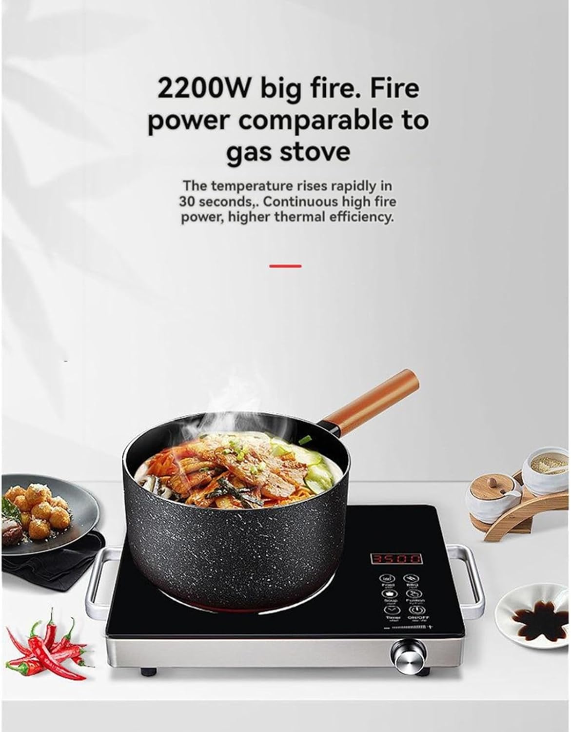 2200W Convenient High Power Electromagnetic Portable Induction Cooktop 5 Temperature Levels 3 Hour Timer Countertop Burner