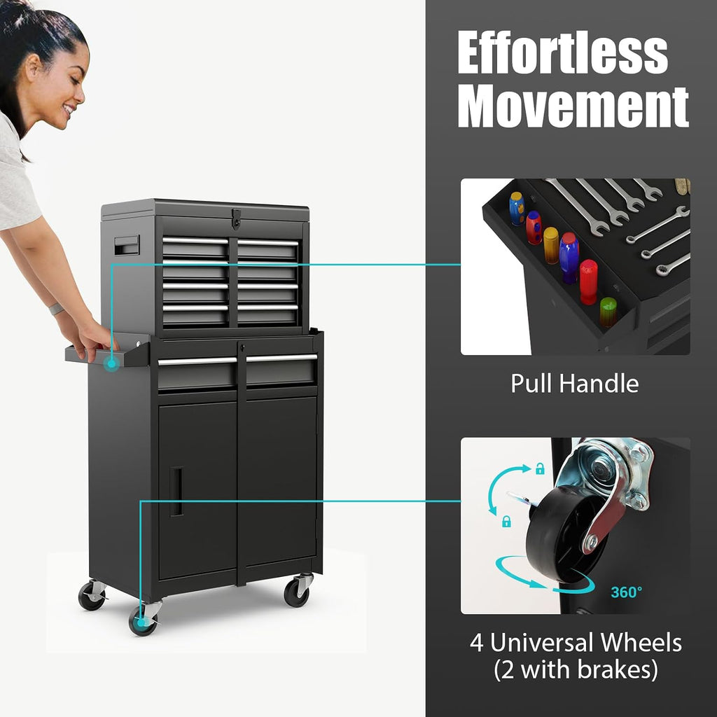 Goplus Tool Chest, 5-Drawer Rolling Tool Storage Cabinet with Detachable Top Tool Box, Liner, Universal Lockable Wheels, Adjustable Shelf, Locking Mechanism, Metal Tool Cart for Garage Workshop