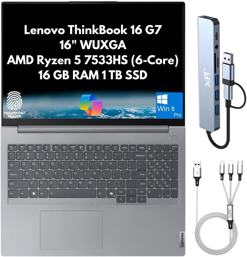 Lenovo ThinkBook 16 G7 Business Laptop 2025,16' WUXGA Display, AMD Ryzen 5 7533HS (6-Core), 16GB DDR5 RAM, 1TB PCIe SSD, Wi-Fi 6, Bluetooth, RJ-45, Webcam, Fingerprint Reader, Copilot Win 11 Pro